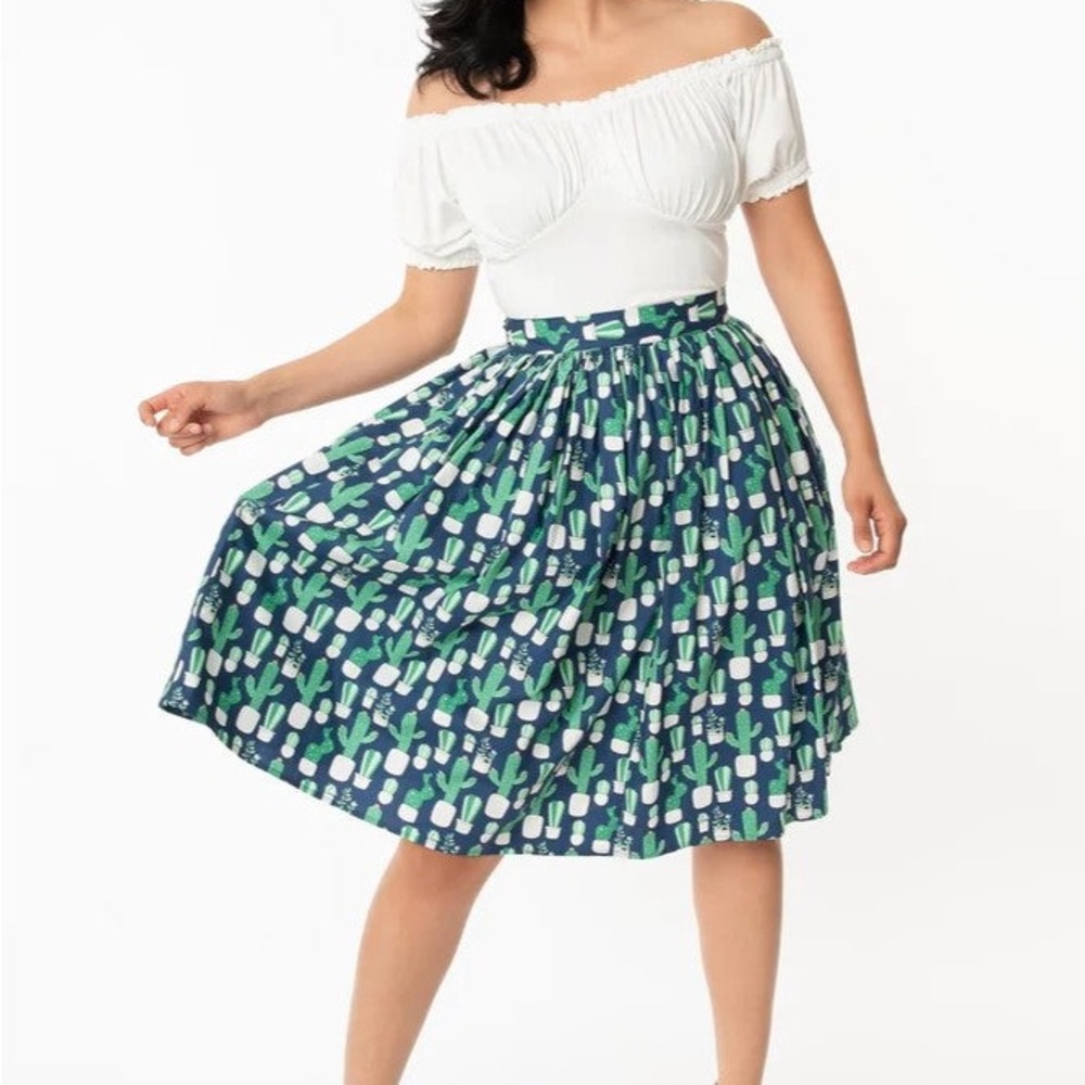 Unique Vintage Navy Cactus A-Line Skirt